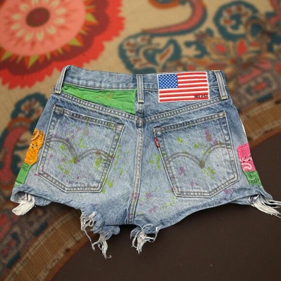 OOAK Levi Patchwork Shorts Res Ipsa Boho Cut Off Denim Shorts Size 26” #134 - Picture 1 of 9